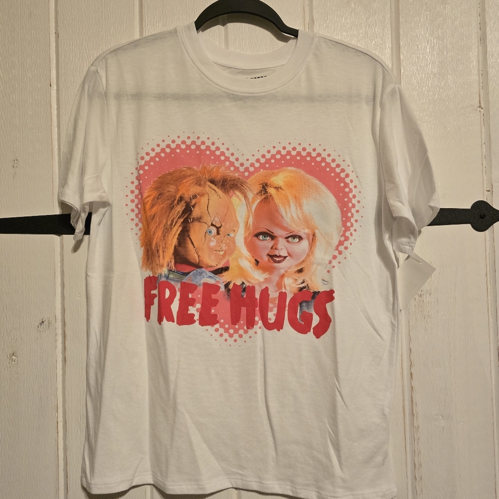 Chucky Womens T-Shirt White Graphic Free Hugs Short Skeeve